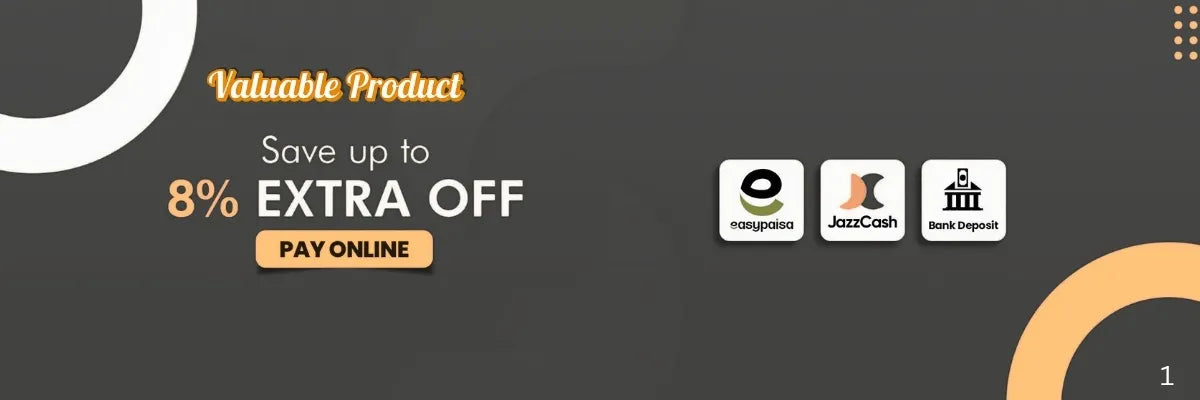 Promotional banner with text 'Valuable Product Save up to 8% Extra Off Pay Online' and logos on a dark background
