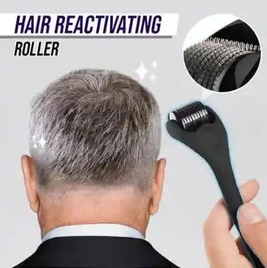 Hair reactivating roller with a close-up of the roller head and a person using it on their hair.