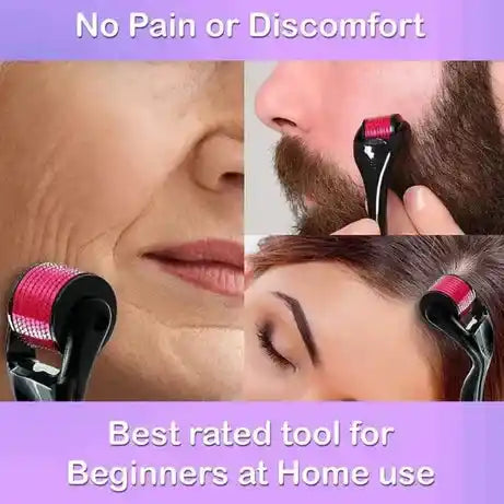 Roller device being used on skin and hair with text about painless use and beginner-friendly home use.