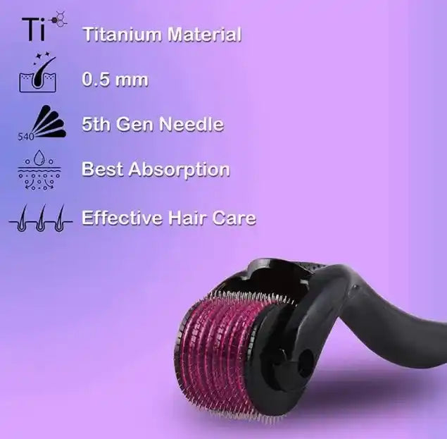 Derma roller with titanium material and 5th gen needle on a purple background