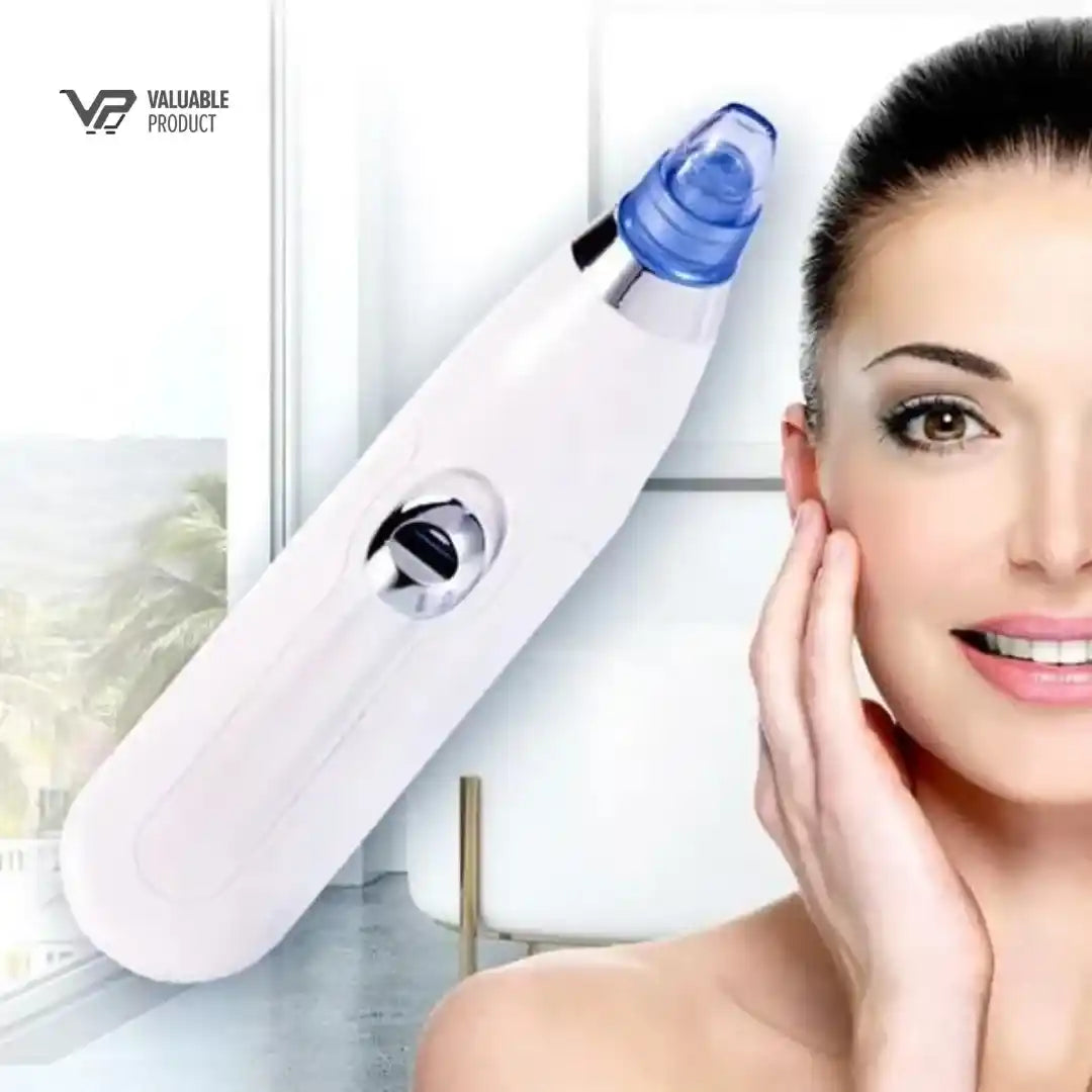 Woman using a white and blue facial steamer with a blurred indoor background