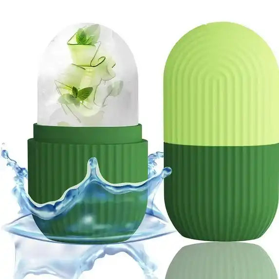 Green ice cube tray with clear lid on a white background