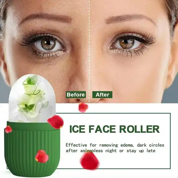 Ice face roller with 'Before' and 'After' effect on a woman's face, showing effectiveness.