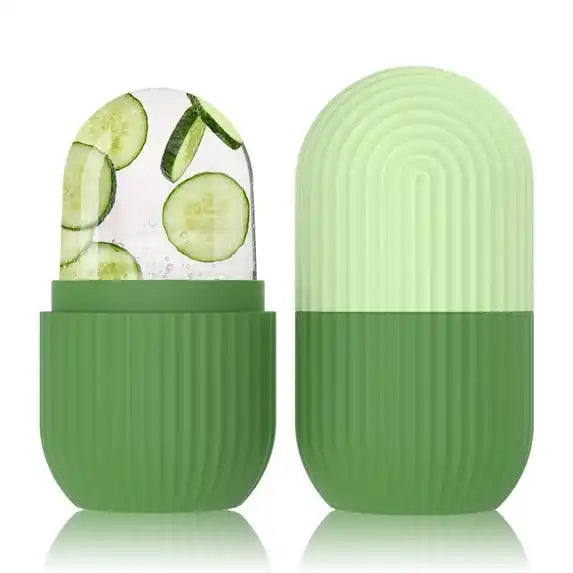 Green lip balm with cucumber design on a white background