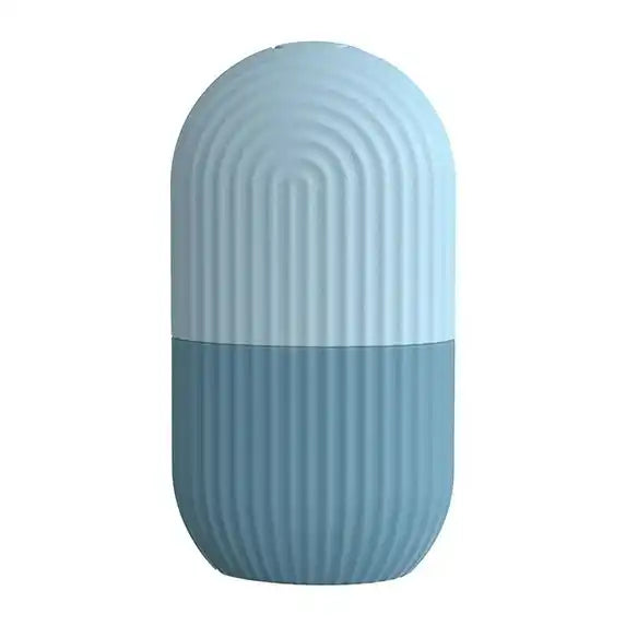 Blue cylindrical container with ribbed texture on a white background