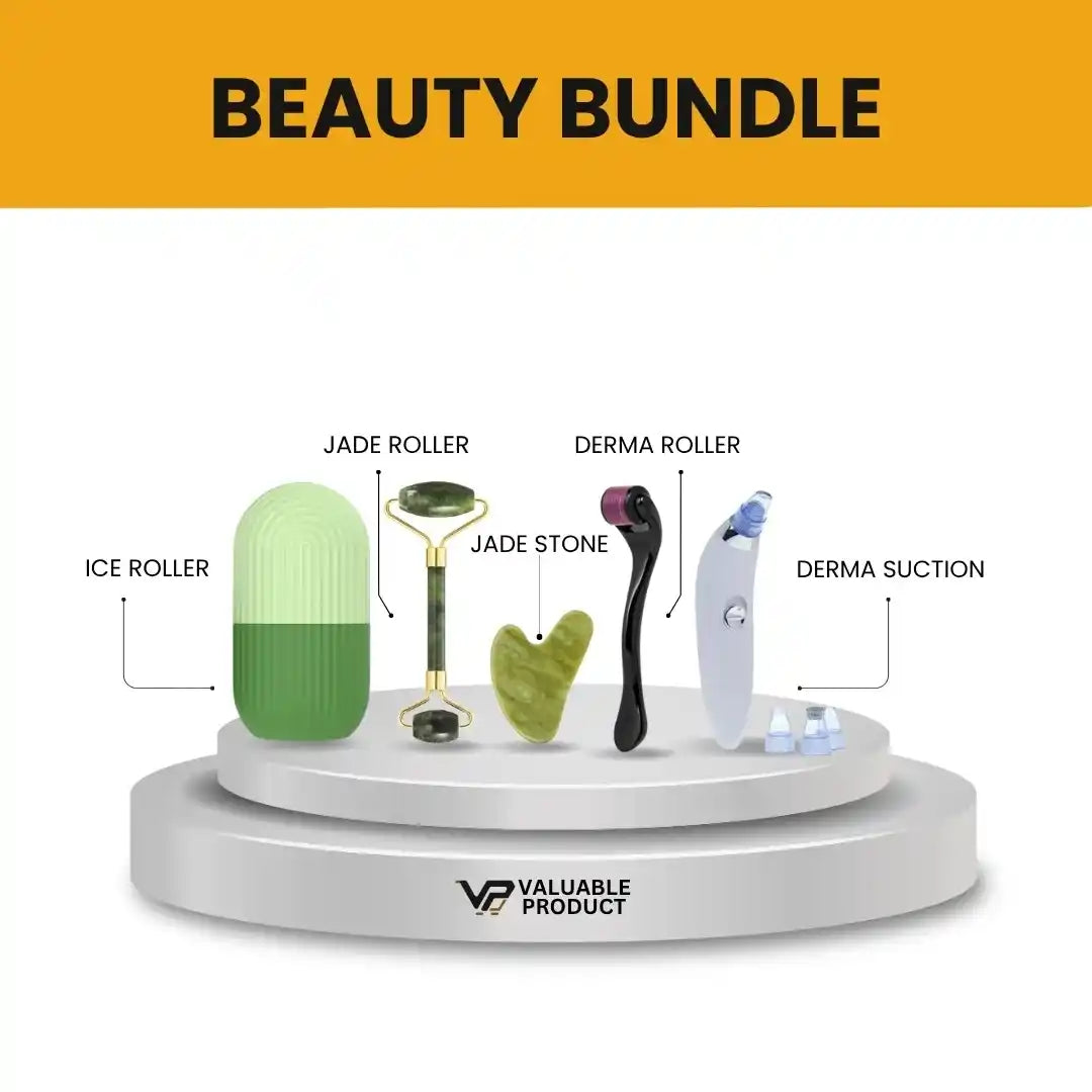 Beauty bundle with various rollers and tools on a white platform, labeled 'Valuable Product'.