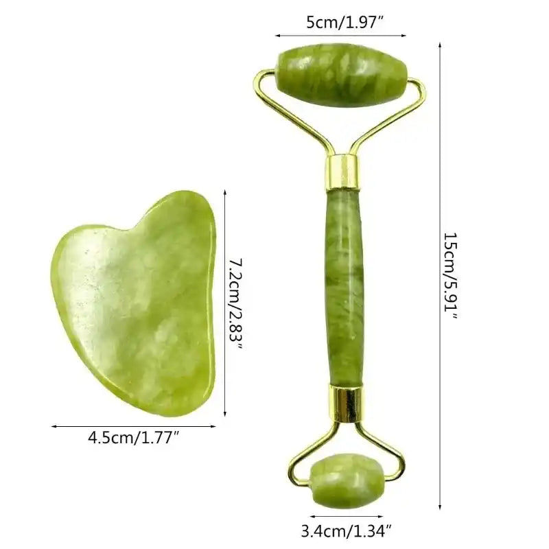 Green jade roller and gua sha tool with dimensions on a white background