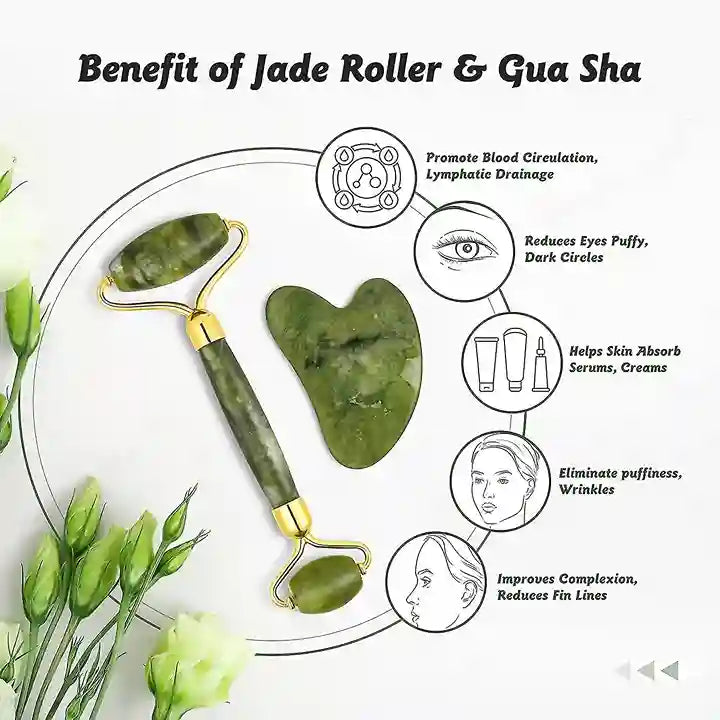 Jade roller and gua sha tool with benefits on a white background