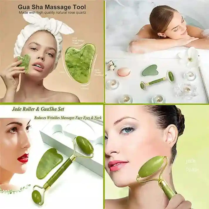 Collage of images showing a Gua Sha Massage Tool and Jade Roller & GuaSha Set with women using them.