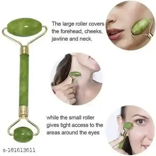 Green facial roller with gold accents being used on a person's face, with text describing its use.