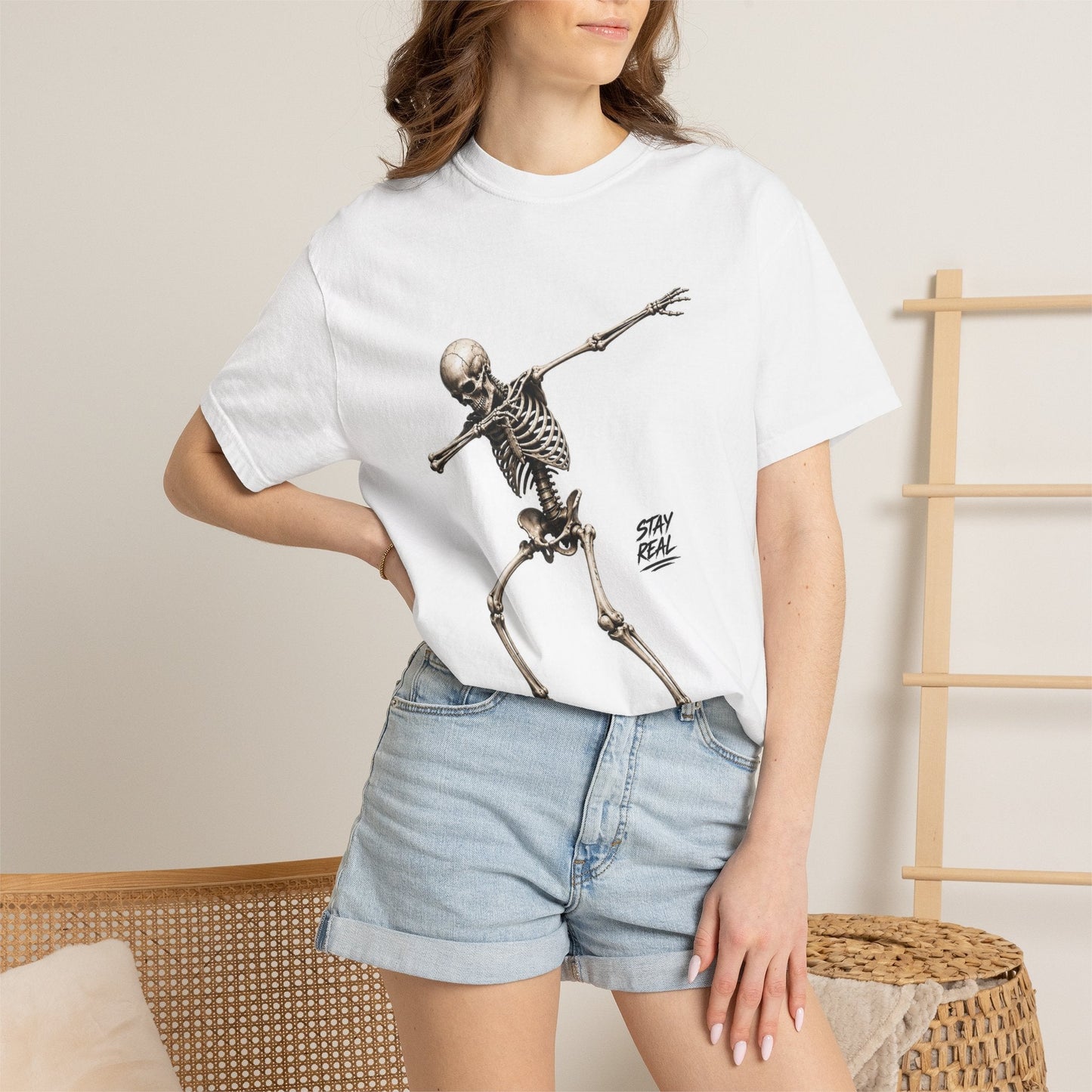 Skeleton Dab Graphic Tee — "Stay Real" Vintage Skate Shirt