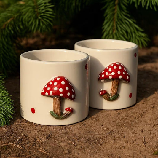 Handmade 3D Mushroom Mug Set of 2, 200ml Coffee Tea Cups, Cottagecore Ceramic Drinkware, Cute Nature Inspired Mugs, Gift for Mushroom Lovers
