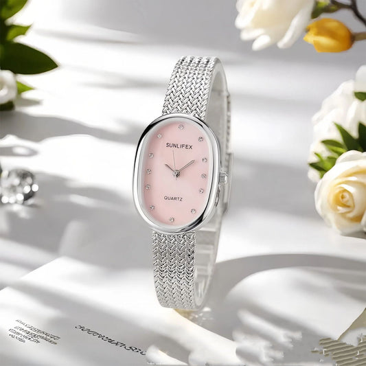 Vintage Oval Gold Watch for Women, Small Dial Wheat Grain Bracelet Watch, Elegant Minimalist Wristwatch, Fashion Jewelry Watch, Gift for Her