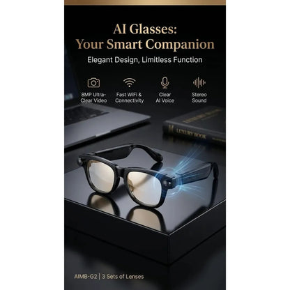 Black AI smart glasses with clear lenses displayed on a reflective black surface, with a laptop and book in the background. Text at the top reads 'AI Glasses: Your Smart Companion' and highlights features like BMP ultra-clear video, fast WiFi connectivity, clear AI voice, and stereo sound.