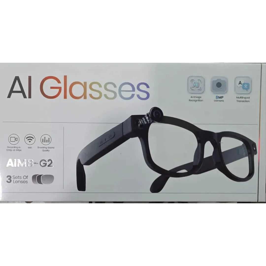 A retail box for AIM8-G2 AI Glasses, featuring a graphic of black smart glasses on a white background with feature icons.
