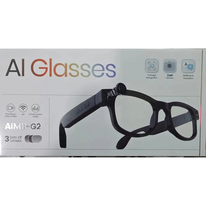 A retail box for AIM8-G2 AI Glasses, featuring a graphic of black smart glasses on a white background with feature icons.
