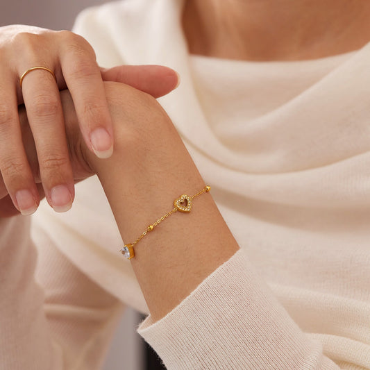 Gold Heart Bracelet – Stainless Steel, Cubic Zirconia