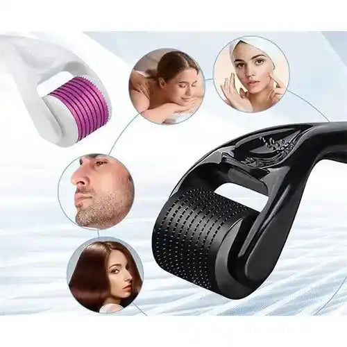 Two roller devices, one purple and one black, with insets showing their use on skin and hair.