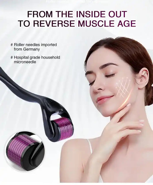 Woman using a derma roller with text about its benefits on a white background