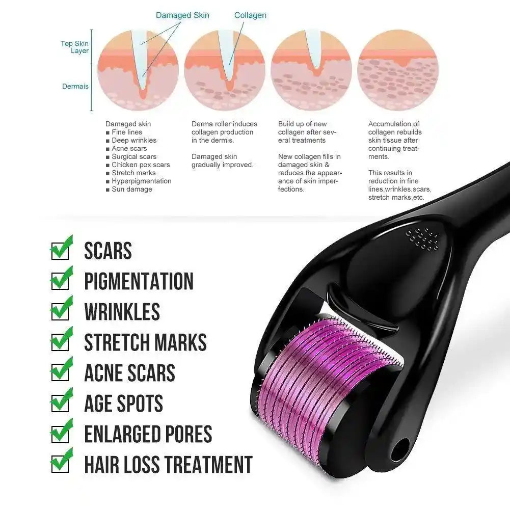 Derma roller with purple metallic head and diagram of skin benefits on a white background