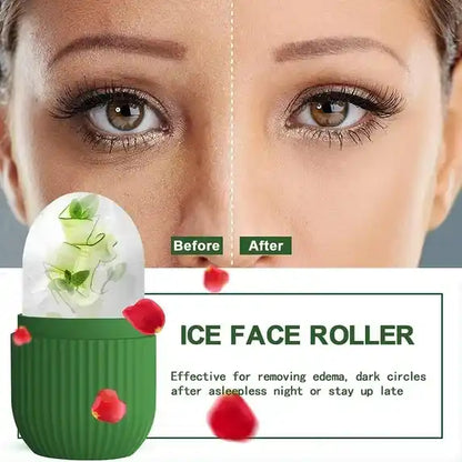 Ice face roller with 'Before' and 'After' effect on a woman's face, showing effectiveness.