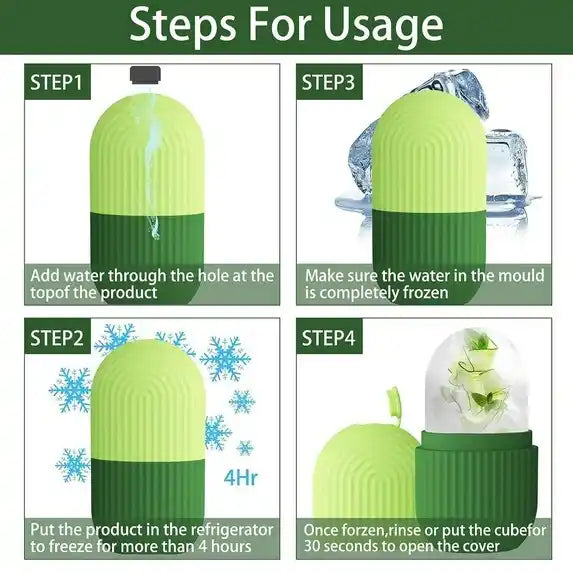 Instructions for using a green and black product to create frozen cubes.