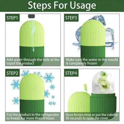 Instructions for using a green and black product to create frozen cubes.