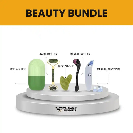 Beauty bundle with various rollers and tools on a white platform, labeled 'Valuable Product'.