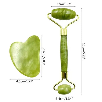 Green jade roller and gua sha tool with dimensions on a white background