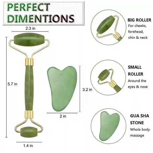 Green facial roller and gua sha stone with dimensions and usage instructions on a white background.