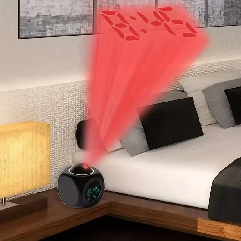 ساعة منبه LCD بروجيكشن — ساعة مكتب رقمية مكعبة مع درجة الحرارة والمنبه